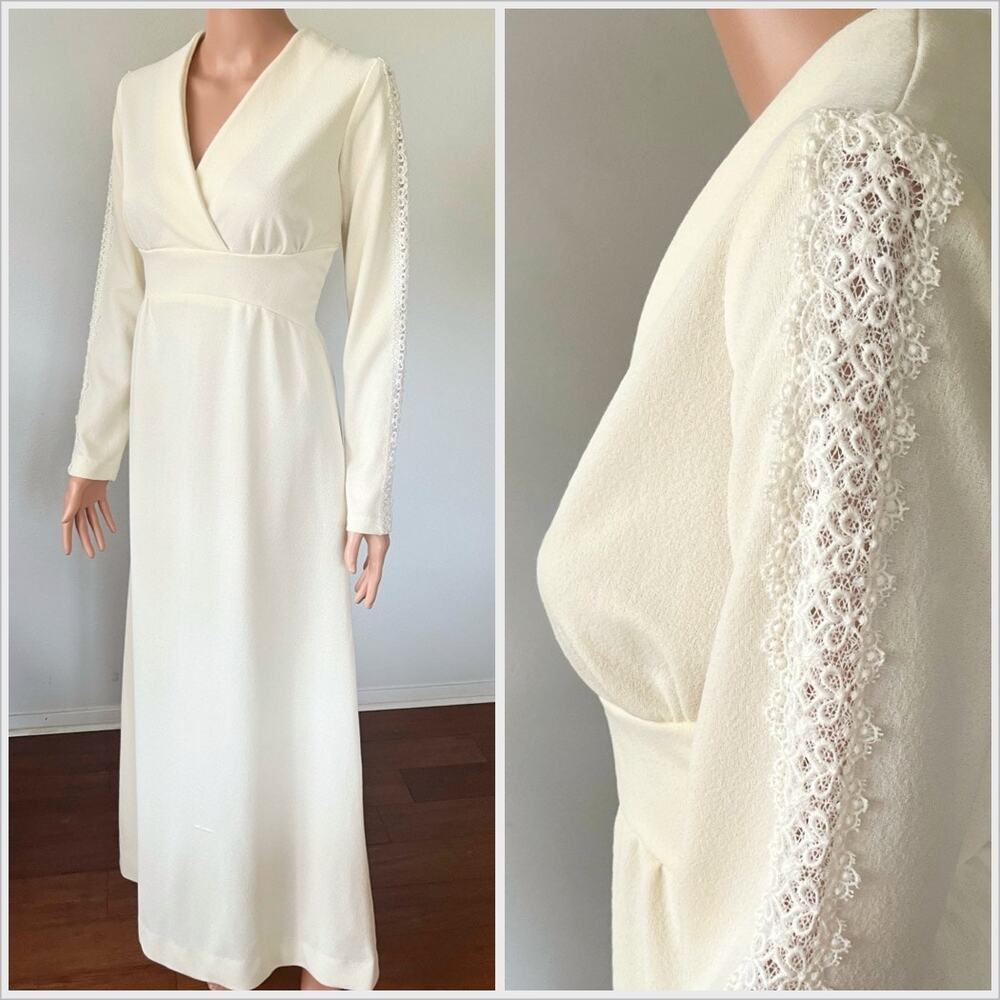 Vintage 70s Ivory Cream‎ Wedding Dress Maxi Minimalist // Size Medium